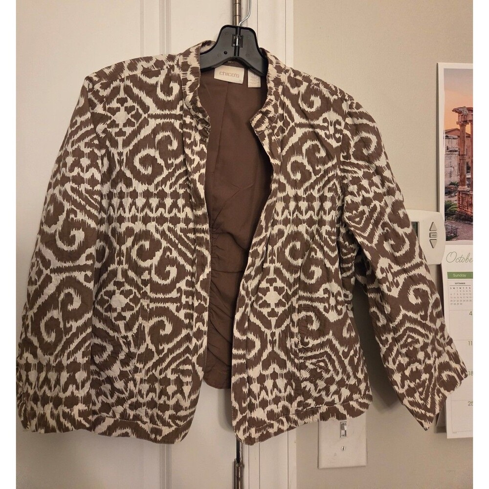 Chico's Brown & Cream Ikat Print Open Blazer Jacket Size 1 US 8